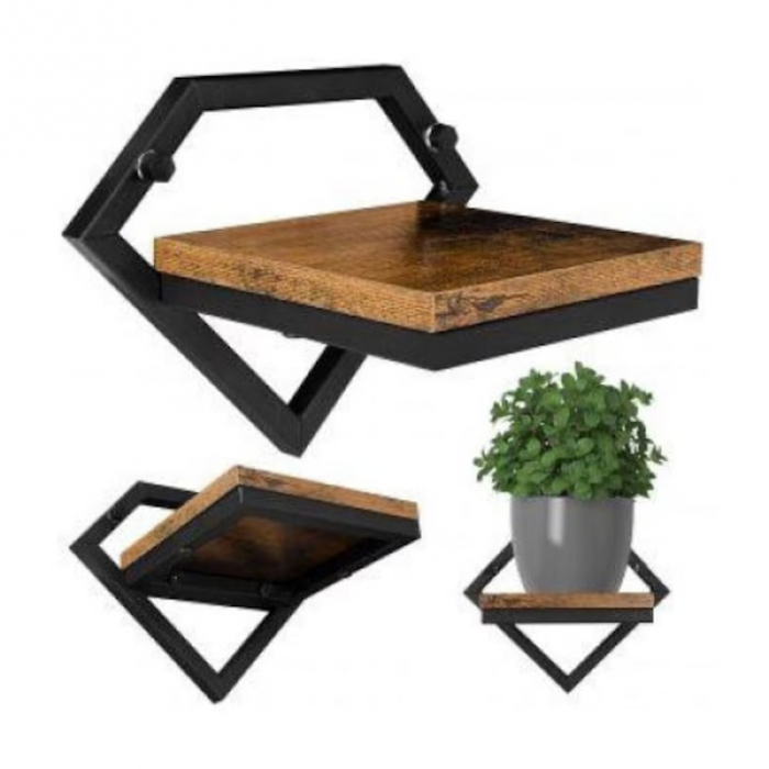 Raft de Perete Suspendat VarioShop®, pentru Flori, Plante, Carti si Obiecte Decorative, Aplicare Universala, Elemente de Montare Incluse, Lemn si Metal, 23 x 20 x 19 cm, Negru/Maro [2]