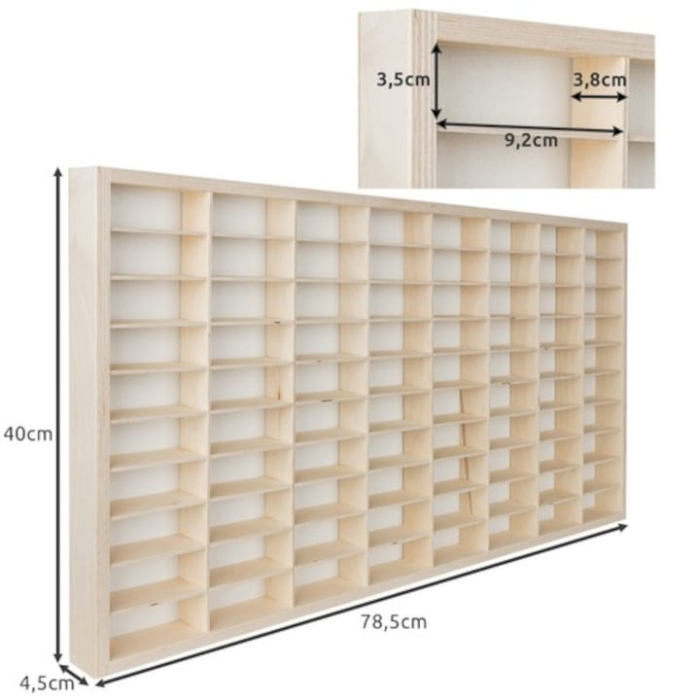 Raft din lemn pentru copii cu 80 de compartimente, placaj pin, compartimente modulare 4 x 9.2 x 4.8 cm, montare pe perete sau pe birou, organizator masinute si miniaturi, kit de asamblare inclus [4]