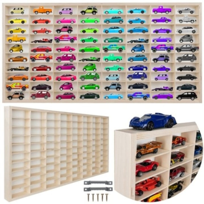 Raft din lemn pentru copii cu 80 de compartimente, placaj pin, compartimente modulare 4 x 9.2 x 4.8 cm, montare pe perete sau pe birou, organizator masinute si miniaturi, kit de asamblare inclus [2]