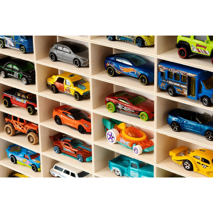 Raft din lemn pentru masinute VarioShop®, 54 compartimente, pin natural, montaj pe perete, organizator pentru colectii auto si jucarii copii [6]