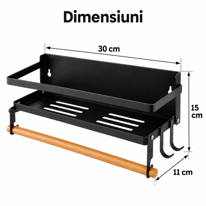 Raft magnetic VarioShop®, organizator condimente si suport prosoape de hartie, 2 carlige, fara gaurire, aluminiu si lemn, 15 x 30 x 11 cm, negru [4]