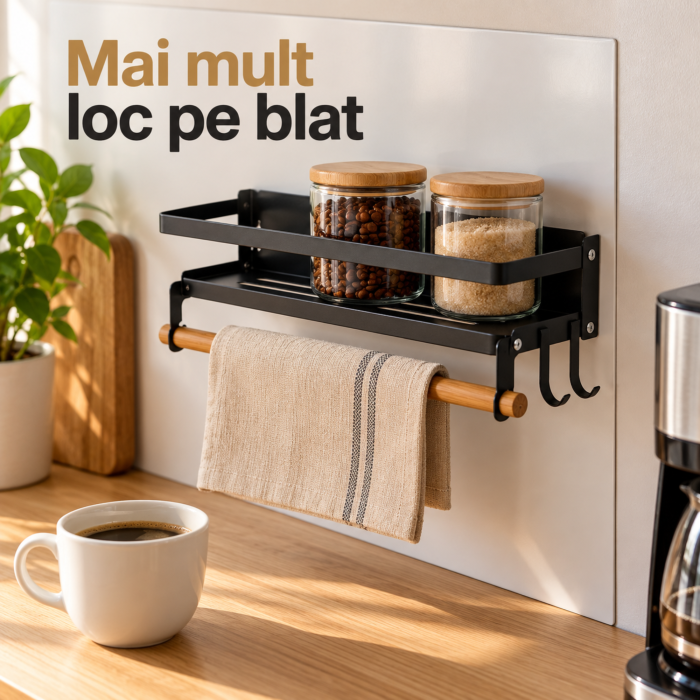Raft magnetic VarioShop®, organizator condimente si suport prosoape de hartie, 2 carlige, fara gaurire, aluminiu si lemn, 15 x 30 x 11 cm, negru [8]