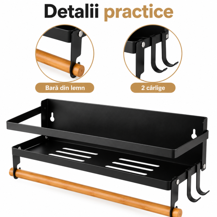 Raft magnetic VarioShop®, organizator condimente si suport prosoape de hartie, 2 carlige, fara gaurire, aluminiu si lemn, 15 x 30 x 11 cm, negru [6]