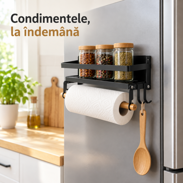 Raft magnetic VarioShop®, organizator condimente si suport prosoape de hartie, 2 carlige, fara gaurire, aluminiu si lemn, 15 x 30 x 11 cm, negru [5]
