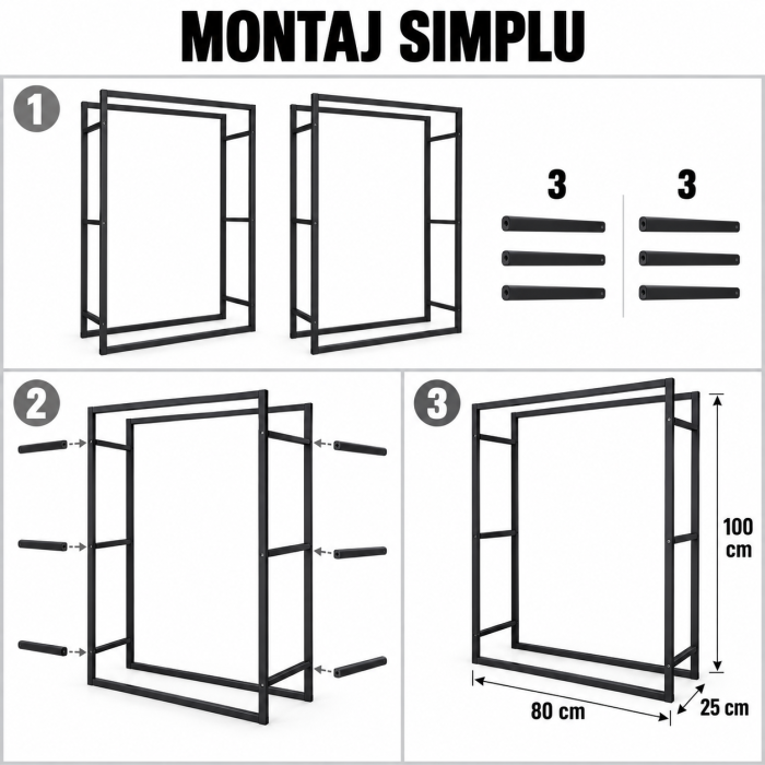 Raft metalic VarioShop®, pentru depozitarea lemnelor langa semineu si soba, structura din fier, sarcina 150 kg, 100 x 80 x 25 cm, negru [6]