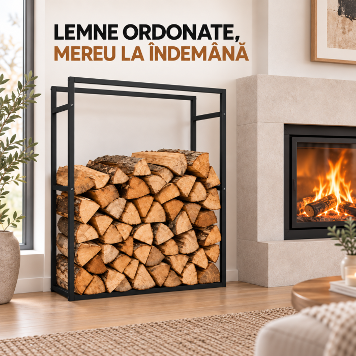 Raft metalic VarioShop®, pentru depozitarea lemnelor langa semineu si soba, structura din fier, sarcina 150 kg, 100 x 80 x 25 cm, negru [5]