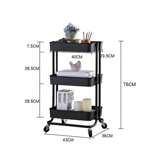 Raft mobil pe roti cu 3 niveluri VarioShop®, organizator practic si elegant pentru bucatarie, baie, birou sau camara, rafturi adanci, roti pivotante, mutare usoara, depozitare sigura, negru [10]