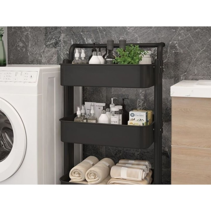 Raft mobil pe roti cu 3 niveluri VarioShop®, organizator practic si elegant pentru bucatarie, baie, birou sau camara, rafturi adanci, roti pivotante, mutare usoara, depozitare sigura, negru [7]