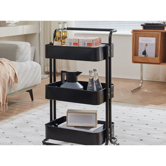 Raft mobil pe roti cu 3 niveluri VarioShop®, organizator practic si elegant pentru bucatarie, baie, birou sau camara, rafturi adanci, roti pivotante, mutare usoara, depozitare sigura, negru [9]