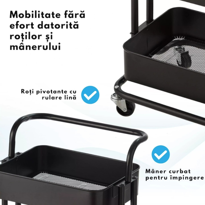 Raft mobil pe roti cu 3 niveluri VarioShop®, organizator practic si elegant pentru bucatarie, baie, birou sau camara, rafturi adanci, roti pivotante, mutare usoara, depozitare sigura, negru [4]