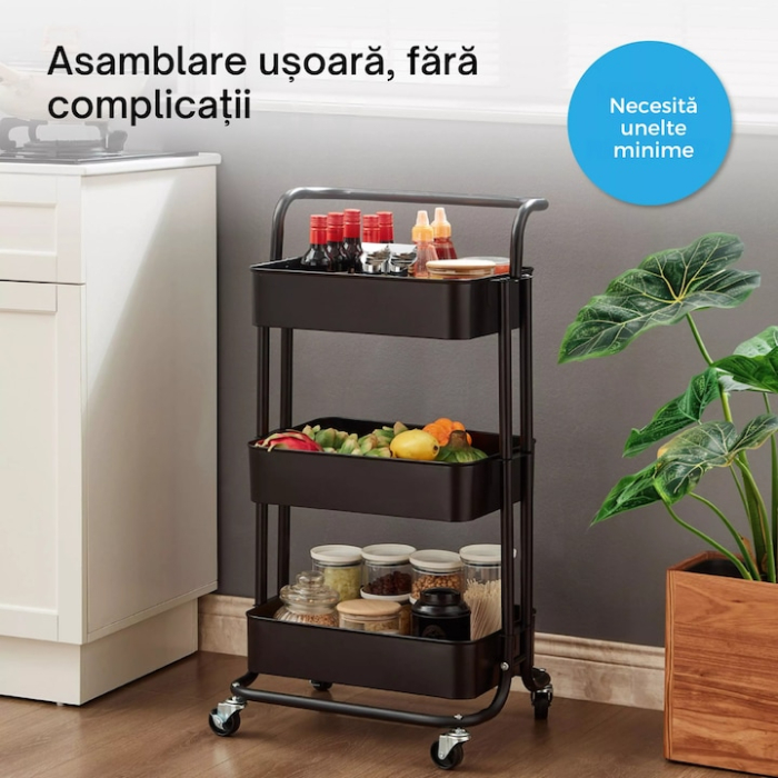 Raft mobil pe roti cu 3 niveluri VarioShop®, organizator practic si elegant pentru bucatarie, baie, birou sau camara, rafturi adanci, roti pivotante, mutare usoara, depozitare sigura, negru [5]