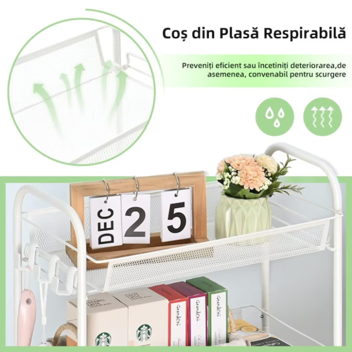 Raft mobila cu 3 etajere VarioShop®, pentru bucatarie, baie, living, usor de Montat, pentru spatii inguste, Material ABS/Otel Inoxidabil, Metal, 63 x 44 x 25 cm, Alb [8]