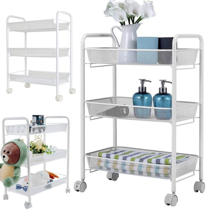 Raft mobila cu 3 etajere VarioShop®, pentru bucatarie, baie, living, usor de Montat, pentru spatii inguste, Material ABS/Otel Inoxidabil, Metal, 63 x 44 x 25 cm, Alb [16]
