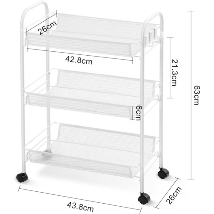 Raft mobila cu 3 etajere VarioShop®, pentru bucatarie, baie, living, usor de Montat, pentru spatii inguste, Material ABS/Otel Inoxidabil, Metal, 63 x 44 x 25 cm, Alb [7]