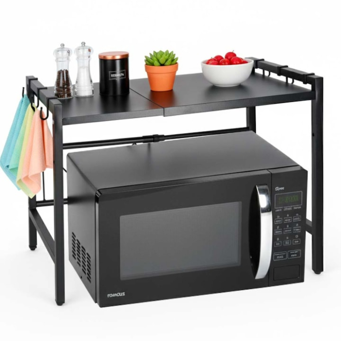 Raft pentru cuptor cu microunde VarioShop®, 6 carlige, reglabil, suport stabil si extensibil, organizare eficienta, usor de curatat, 40-63x36x46 cm, negru [11]