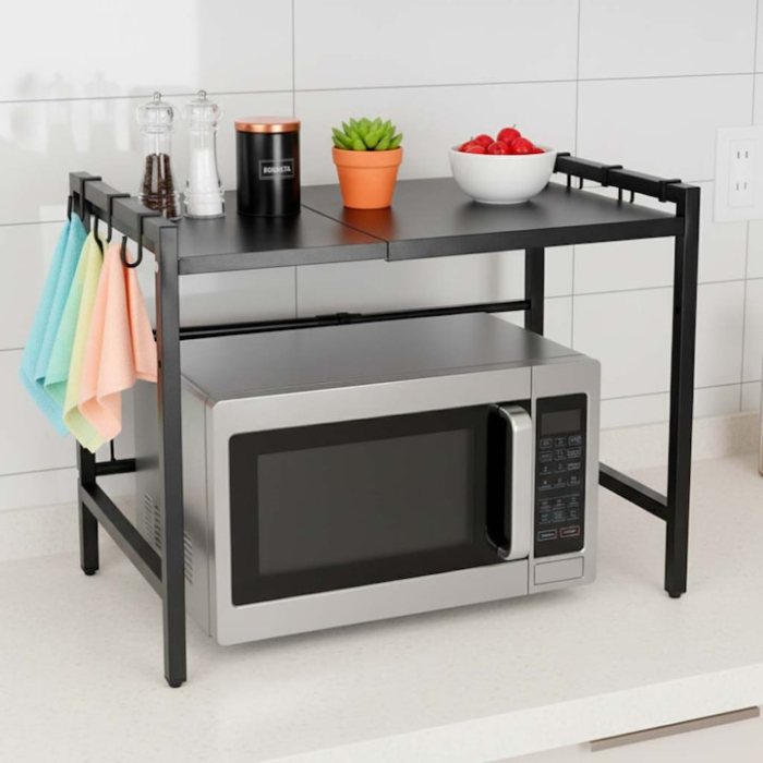 Raft pentru cuptor cu microunde VarioShop®, 6 carlige, reglabil, suport stabil si extensibil, organizare eficienta, usor de curatat, 40-63x36x46 cm, negru [9]