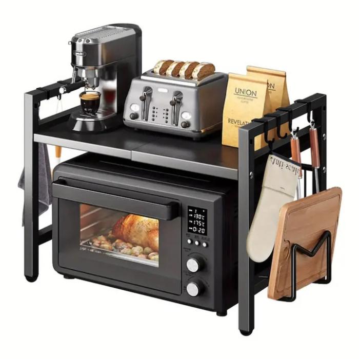 Raft pentru cuptor cu microunde VarioShop®, 6 carlige, reglabil, suport stabil si extensibil, organizare eficienta, usor de curatat, 40-63x36x46 cm, negru [6]