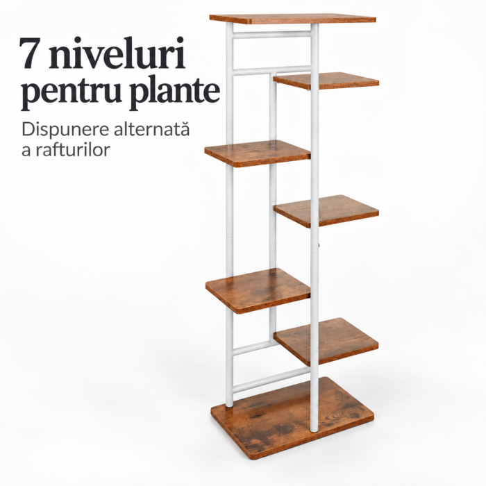 Raft pentru flori VarioShop®, pentru organizarea ghivecelor, 7 niveluri, stil loft, fier si MDF, sustine pana la 36 kg, 120 x 42 x 23,5 cm, cadru alb si rafturi in nuanta lemnului [2]