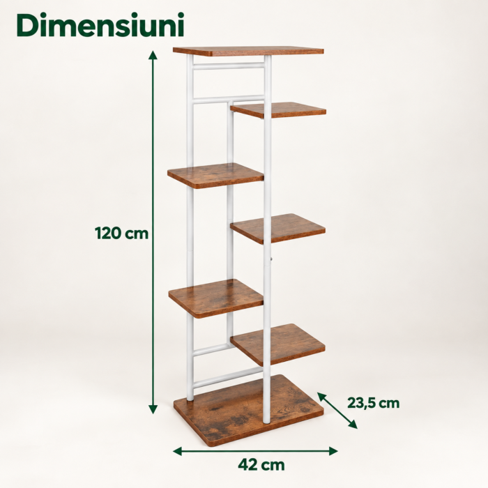 Raft pentru flori VarioShop®, pentru organizarea ghivecelor, 7 niveluri, stil loft, fier si MDF, sustine pana la 36 kg, 120 x 42 x 23,5 cm, cadru alb si rafturi in nuanta lemnului [4]