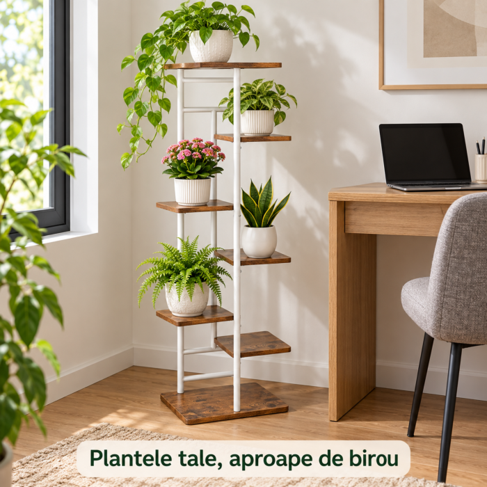 Raft pentru flori VarioShop®, pentru organizarea ghivecelor, 7 niveluri, stil loft, fier si MDF, sustine pana la 36 kg, 120 x 42 x 23,5 cm, cadru alb si rafturi in nuanta lemnului [3]