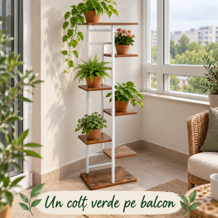Raft pentru flori VarioShop®, pentru organizarea ghivecelor, 7 niveluri, stil loft, fier si MDF, sustine pana la 36 kg, 120 x 42 x 23,5 cm, cadru alb si rafturi in nuanta lemnului [7]