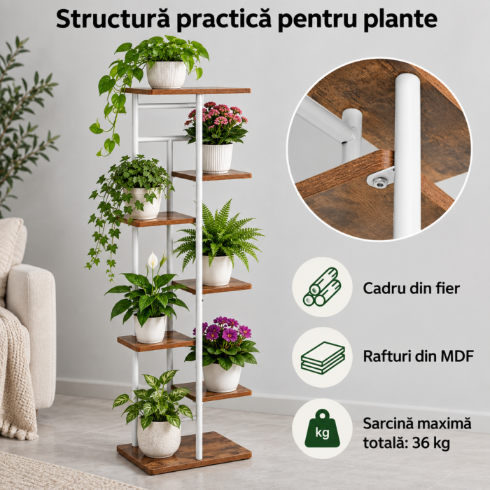 Raft pentru flori VarioShop®, pentru organizarea ghivecelor, 7 niveluri, stil loft, fier si MDF, sustine pana la 36 kg, 120 x 42 x 23,5 cm, cadru alb si rafturi in nuanta lemnului [6]