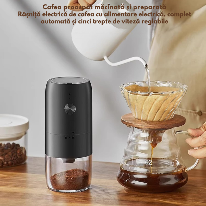 Rasnita de cafea electrica VarioShop®, cu macinare reglabila, incarcare USB Type-C, recipient transparent, perie de curatare inclusa, pentru espresso si cafetiera, 18,5x7 cm, negru [6]