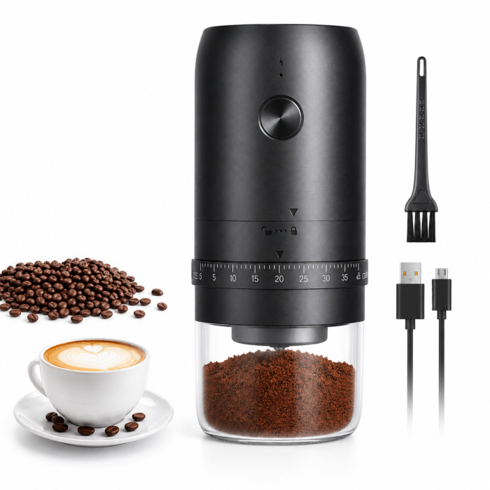 Rasnita de cafea electrica VarioShop®, cu macinare reglabila, incarcare USB Type-C, recipient transparent, perie de curatare inclusa, pentru espresso si cafetiera, 18,5x7 cm, negru [5]