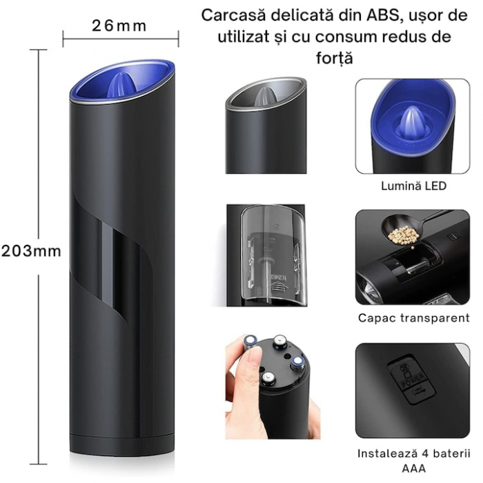 Rasnita Electrica VarioShop® Cu Inductie Gravitationala Pentru Condimente, Indicator LED, Grosime Reglabila, Negru [9]