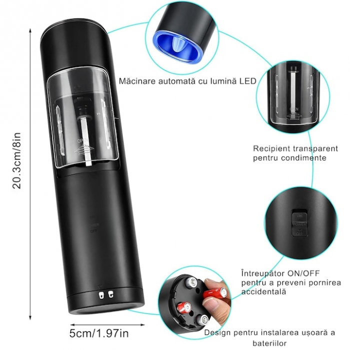 Rasnita Electrica VarioShop® Cu Inductie Gravitationala Pentru Condimente, Indicator LED, Grosime Reglabila, Negru [7]