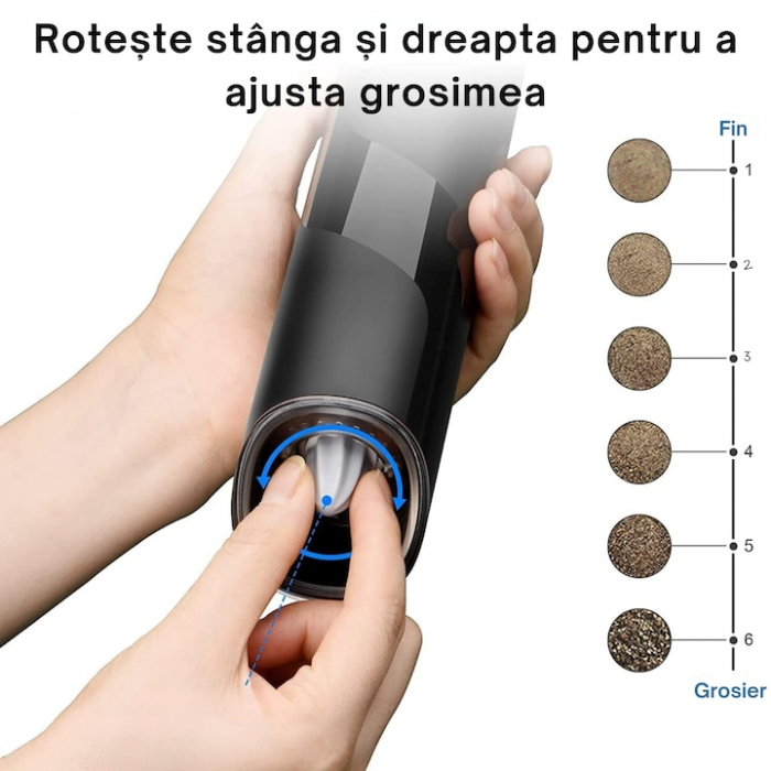 Rasnita Electrica VarioShop® Cu Inductie Gravitationala Pentru Condimente, Indicator LED, Grosime Reglabila, Negru [10]