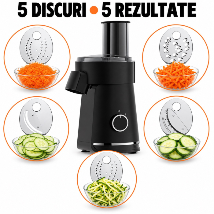 Razatoare electrica VarioShop®, pentru legume si branzeturi tari, 200W, 5 discuri inox, picioare antiderapante, blocare capac, feliere, razuire si julienne [4]