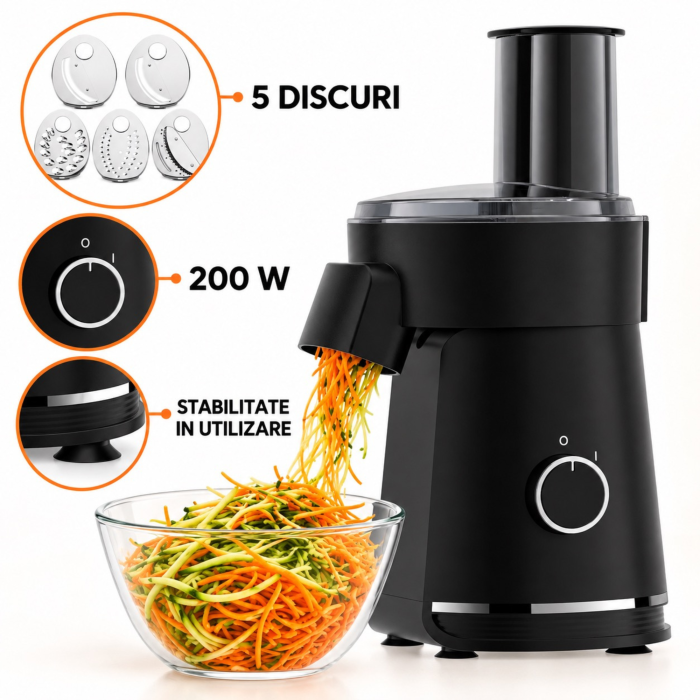 Razatoare electrica VarioShop®, pentru legume si branzeturi tari, 200W, 5 discuri inox, picioare antiderapante, blocare capac, feliere, razuire si julienne [2]