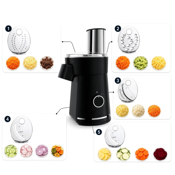 Razatoare electrica VarioShop®, pentru legume si branzeturi tari, 200W, 5 discuri inox, picioare antiderapante, blocare capac, feliere, razuire si julienne [7]