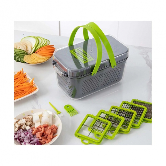 Razatoare Multifuctionala VarioShop®, Pentru legume si fructe, cu 22 de Accesorii, Manuala, cu Functie de caserola, Maner protectie, Lame din otel, Inoxidabil, Feliere, Radere, Taietor, Verde [15]
