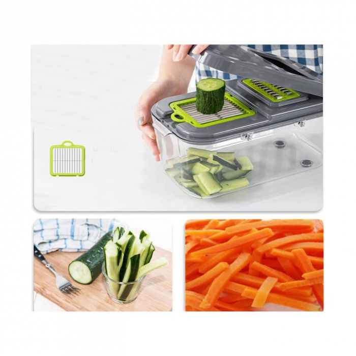 Razatoare Multifuctionala VarioShop®, Pentru legume si fructe, cu 22 de Accesorii, Manuala, cu Functie de caserola, Maner protectie, Lame din otel, Inoxidabil, Feliere, Radere, Taietor, Verde [11]