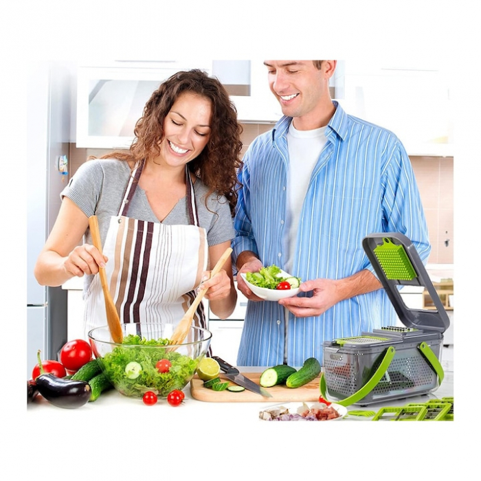 Razatoare Multifuctionala VarioShop®, Pentru legume si fructe, cu 22 de Accesorii, Manuala, cu Functie de caserola, Maner protectie, Lame din otel, Inoxidabil, Feliere, Radere, Taietor, Verde [14]