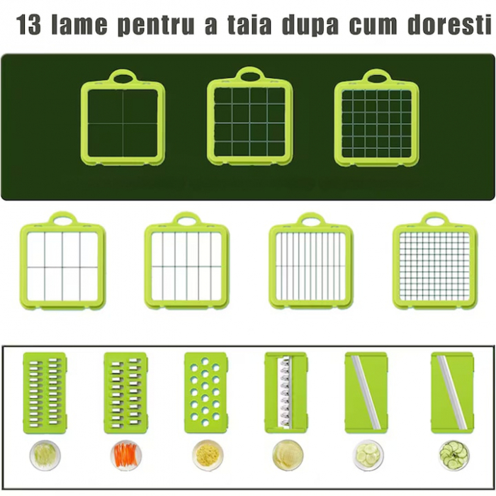 Razatoare Multifuctionala VarioShop®, Pentru legume si fructe, cu 22 de Accesorii, Manuala, cu Functie de caserola, Maner protectie, Lame din otel, Inoxidabil, Feliere, Radere, Taietor, Verde [2]