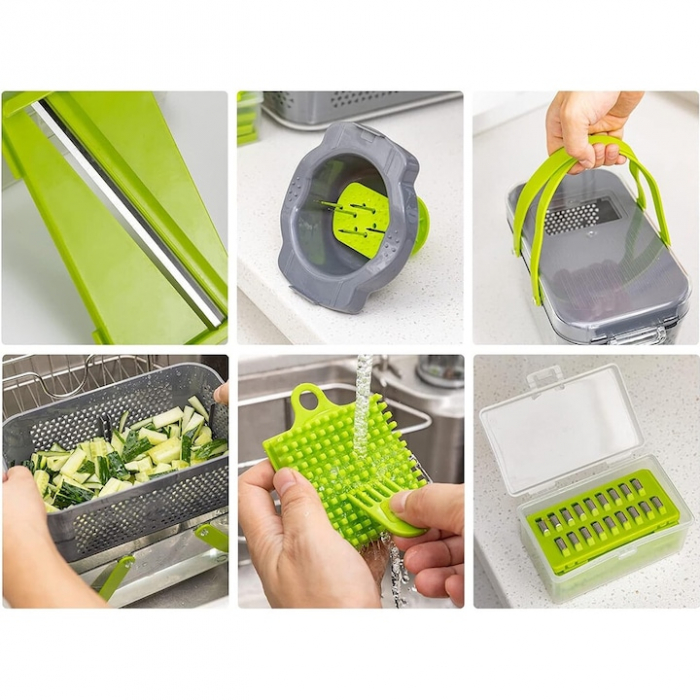 Razatoare Multifuctionala VarioShop®, Pentru legume si fructe, cu 22 de Accesorii, Manuala, cu Functie de caserola, Maner protectie, Lame din otel, Inoxidabil, Feliere, Radere, Taietor, Verde [17]
