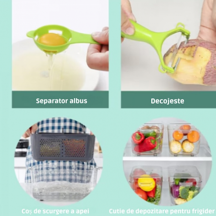 Razatoare Multifuctionala VarioShop®, Pentru legume si fructe, cu 22 de Accesorii, Manuala, cu Functie de caserola, Maner protectie, Lame din otel, Inoxidabil, Feliere, Radere, Taietor, Verde [5]