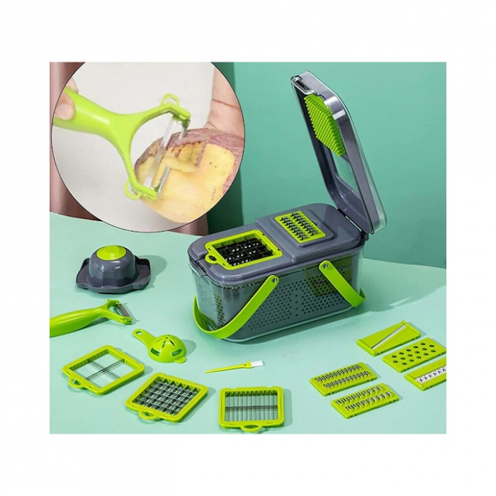 Razatoare Multifuctionala VarioShop®, Pentru legume si fructe, cu 22 de Accesorii, Manuala, cu Functie de caserola, Maner protectie, Lame din otel, Inoxidabil, Feliere, Radere, Taietor, Verde [16]