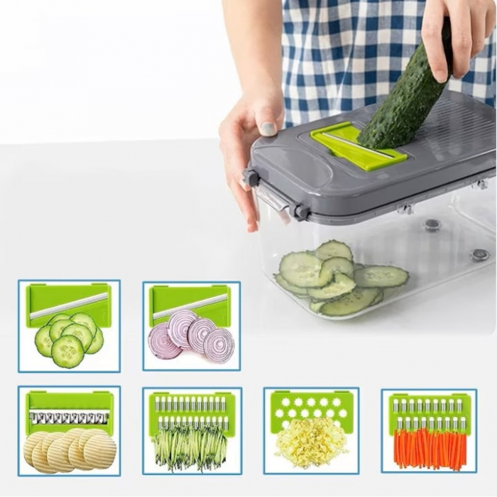 Razatoare Multifuctionala VarioShop®, Pentru legume si fructe, cu 22 de Accesorii, Manuala, cu Functie de caserola, Maner protectie, Lame din otel, Inoxidabil, Feliere, Radere, Taietor, Verde [18]