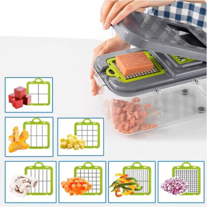 Razatoare Multifuctionala VarioShop®, Pentru legume si fructe, cu 22 de Accesorii, Manuala, cu Functie de caserola, Maner protectie, Lame din otel, Inoxidabil, Feliere, Radere, Taietor, Verde [19]
