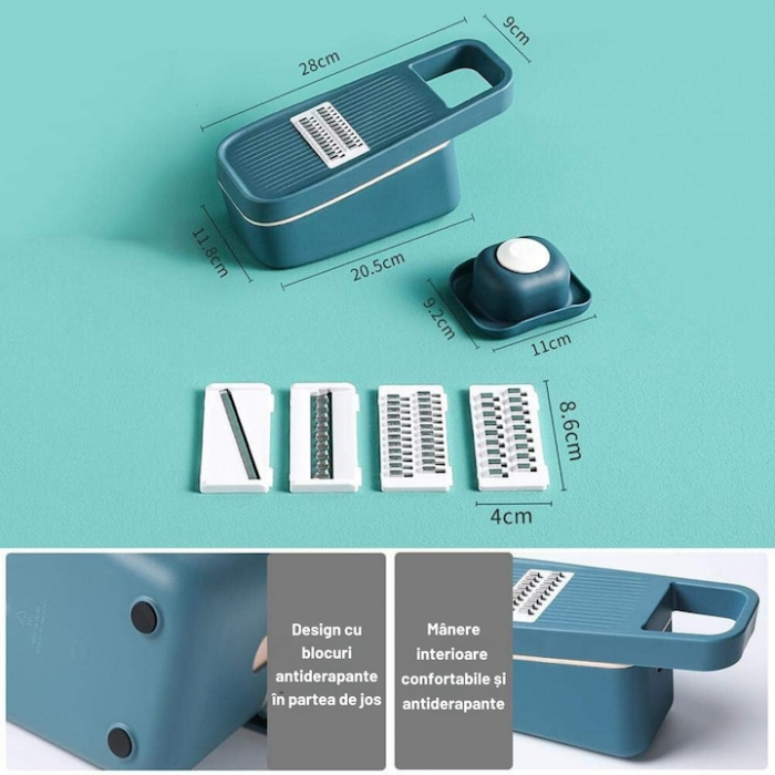 Razatoare Multifunctionala 5 in 1 VarioShop®, pentru Legume si Fructe, 5 Cutite din Otel, Interschimbabile, Cos pentru Scurgere, Usor de Curatat, Turcoaz [3]