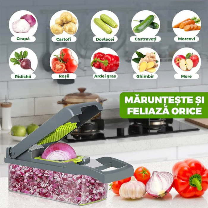 Razatoare Multifunctionala13 in 1 VarioShop®, pentru legume si fructe + Timer Pentru Fiert Oua, 8 taieturi, accesorii pentru tocat, maruntit, feliat, separator de oua, lame de inox, 28 x 13 cm, verde [5]