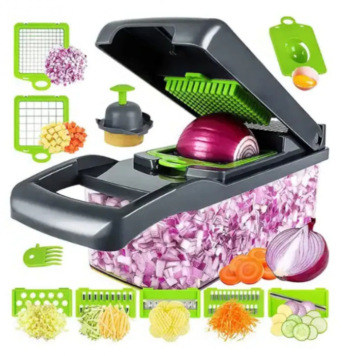 Razatoare Multifunctionala13 in 1 VarioShop®, pentru legume si fructe + Timer Pentru Fiert Oua, 8 taieturi, accesorii pentru tocat, maruntit, feliat, separator de oua, lame de inox, 28 x 13 cm, verde [14]