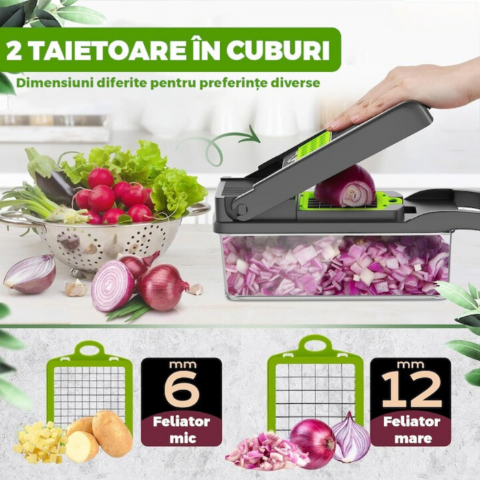 Razatoare Multifunctionala13 in 1 VarioShop®, pentru legume si fructe + Timer Pentru Fiert Oua, 8 taieturi, accesorii pentru tocat, maruntit, feliat, separator de oua, lame de inox, 28 x 13 cm, verde [4]