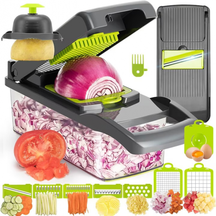 Razatoare Multifunctionala13 in 1 VarioShop®, pentru legume si fructe + Timer Pentru Fiert Oua, 8 taieturi, accesorii pentru tocat, maruntit, feliat, separator de oua, lame de inox, 28 x 13 cm, verde [43]