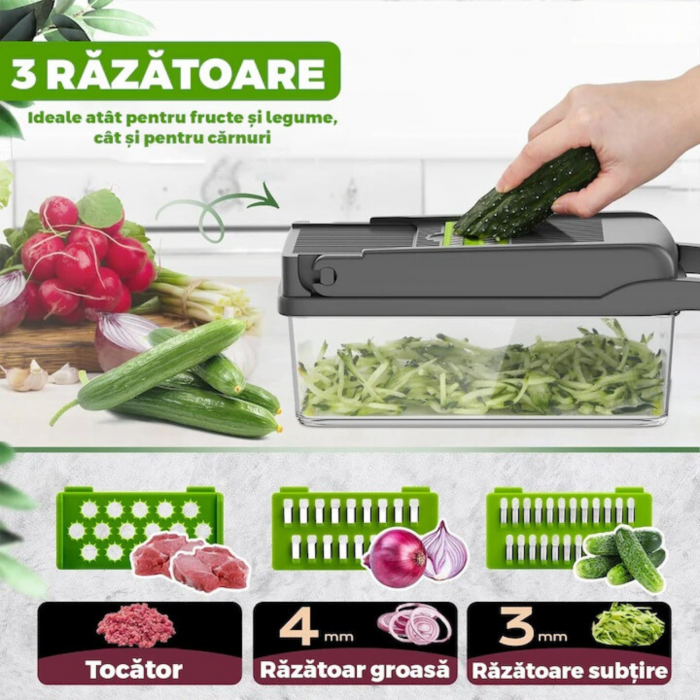 Razatoare Multifunctionala13 in 1 VarioShop®, pentru legume si fructe + Timer Pentru Fiert Oua, 8 taieturi, accesorii pentru tocat, maruntit, feliat, separator de oua, lame de inox, 28 x 13 cm, verde [46]