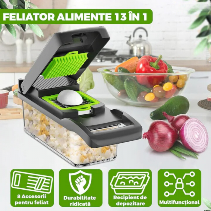 Razatoare Multifunctionala13 in 1 VarioShop®, pentru legume si fructe + Timer Pentru Fiert Oua, 8 taieturi, accesorii pentru tocat, maruntit, feliat, separator de oua, lame de inox, 28 x 13 cm, verde [35]
